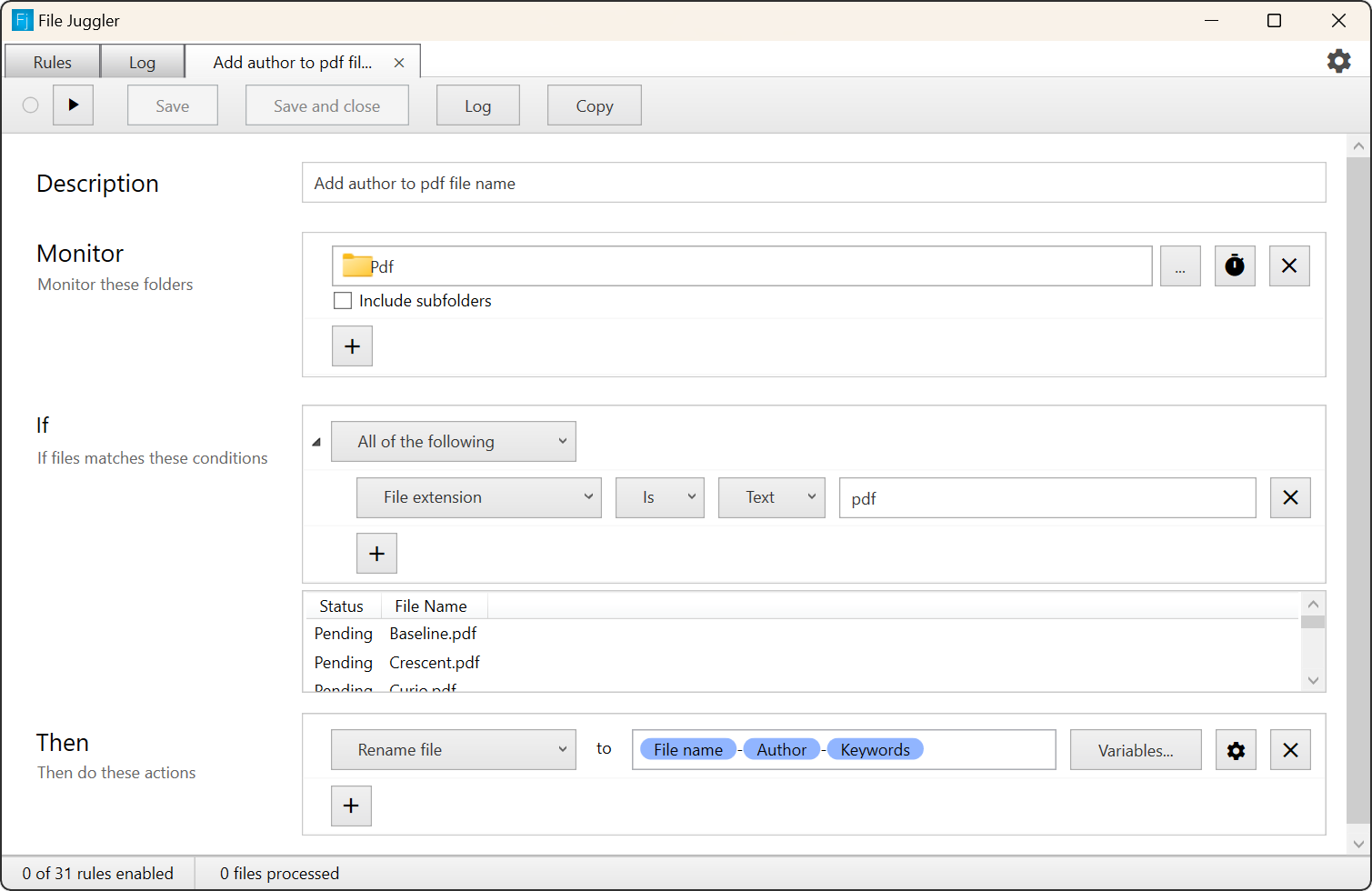 This File Juggler rule adds the author name to the file name of a PDF file