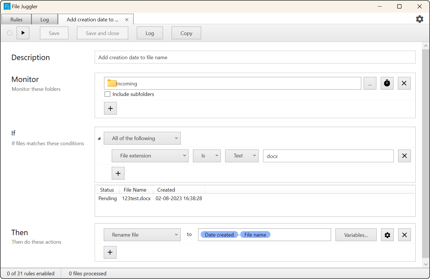 This rule automatically adds the creation date to the name of the file