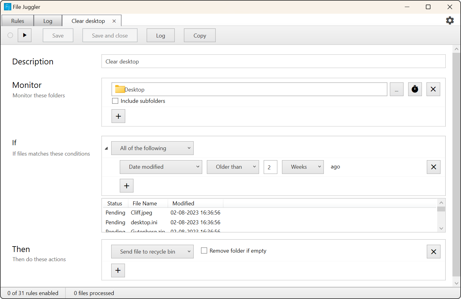 This File Juggler rule automatically moves files older than 2 weeks to the recycle bin