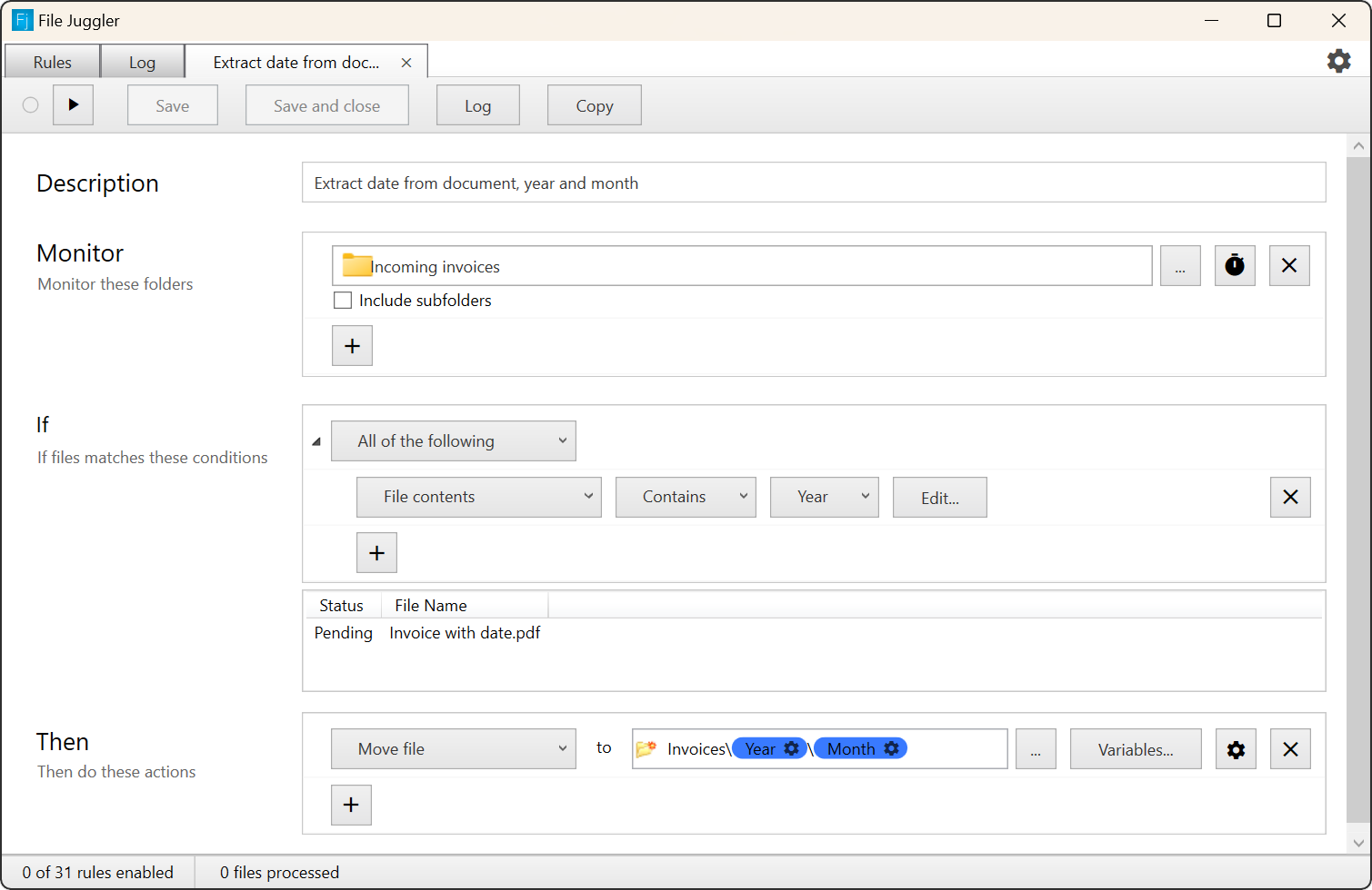 This rule organizes invoices in folders based on the first date in the document